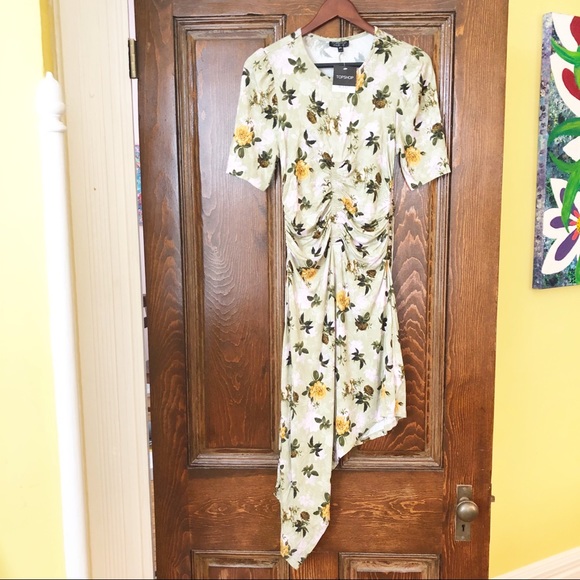 Topshop Asymmetrical Rushed Floral Green Dress NWT - Picture 4 of 7